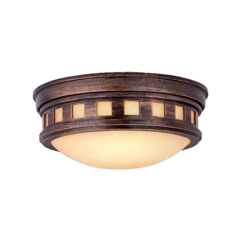 Drum Ceiling Flush Light Rustic Style Metal and Opal Glass Bronze/Gold Outdoor Flush Mount Light for Porch