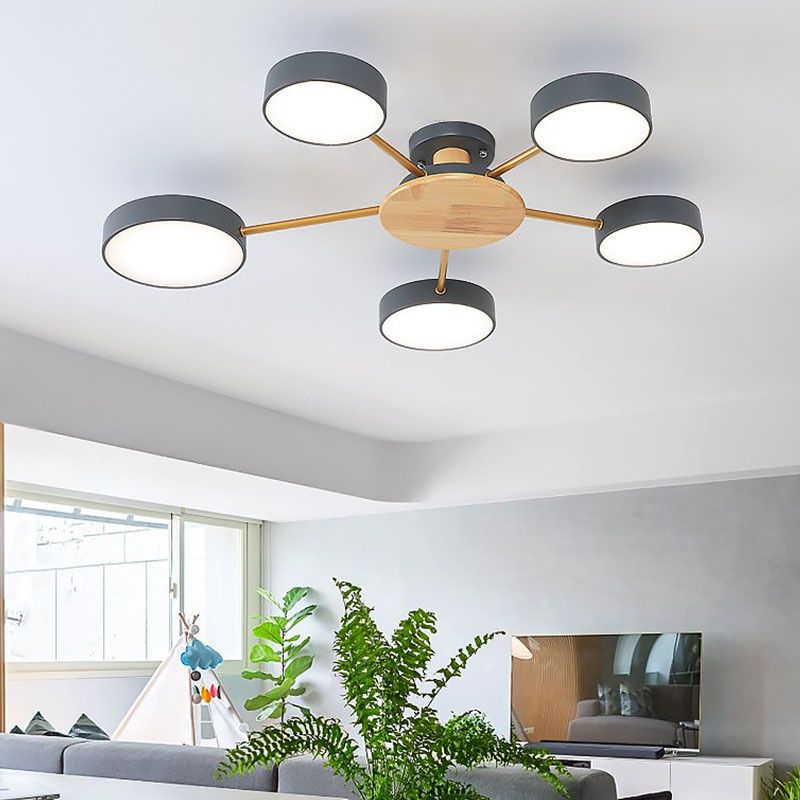 Luz de techo semi empotrada redonda de madera modernismo 5 cabezas iluminación acrílica semimontada para sala de estar