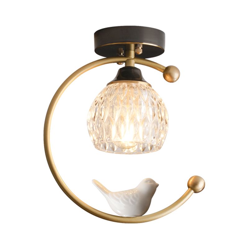 Domina de vidrio con textura Semi Flush Mount Farm 1 Cabeza de comedor Lámpara de techo con latón C Brazo y decoración de pájaros