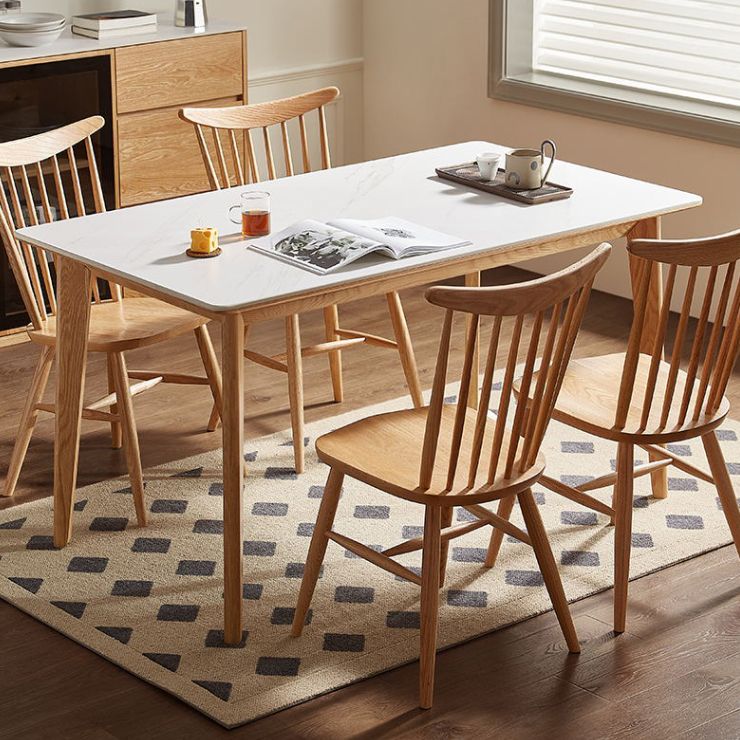 Modern Rectangular White Stone Top Dining Table with 4 Natural Oak Legs