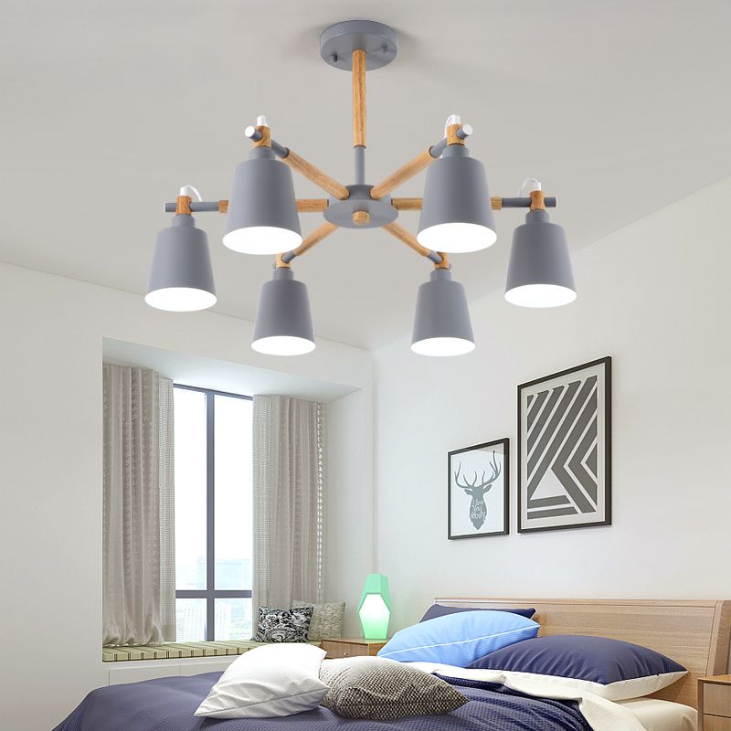 Wooden Radial Pendant Lighting Macaron Chandelier with Tapered Metal Shade for Living Room