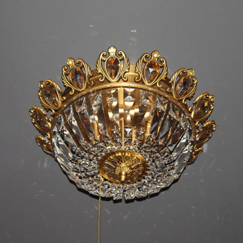 Beveled Crystal Bowl Flush Mount Lighting Traditional 4 Heads Bedroom Ceiling Lamp in Brass