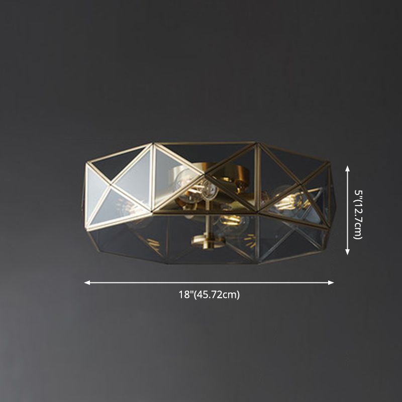 Plafonnier géométrique vintage colonial en cuivre, plafonnier à 4 lumières avec abat-jour en verre