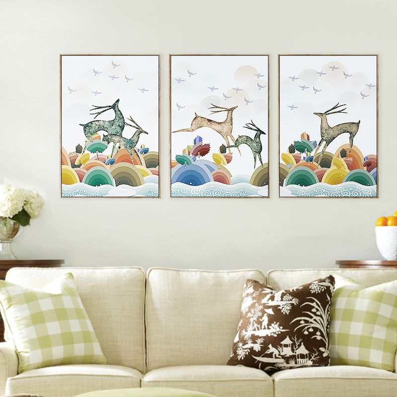 Children's Art Reindeer Painting Cartoon Animals White Wall Decor, Set of Three