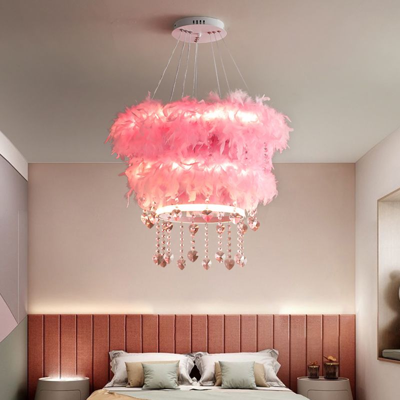 Tapered Feather Chandelier Pendant Nordic LED Hanging Light Fixture with Crystal Decor for Dining Room
