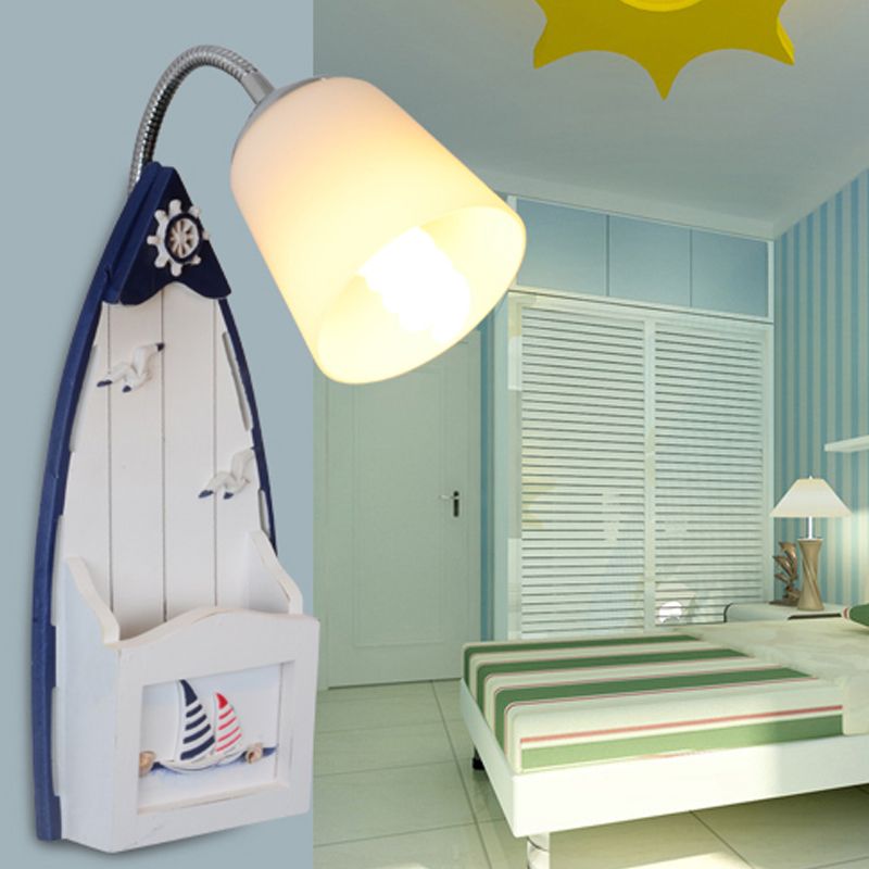 Nautical Ship Wall Light with Bucket Shade 1 Head Glass Wall Sconce in Blue for Nursing Room