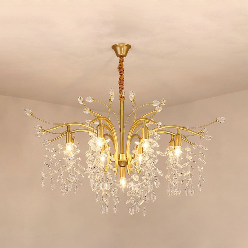 9-Bulb Chandelier Light Nordic Starburst Crystal Drip Suspension Pendant Light in Gold