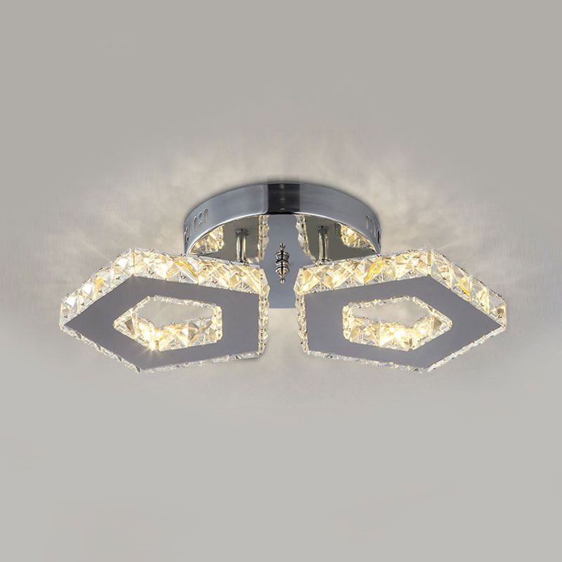 Double Pentagon Semi Flush Mount Amber Crystal Block Ceiling Light in Chrome