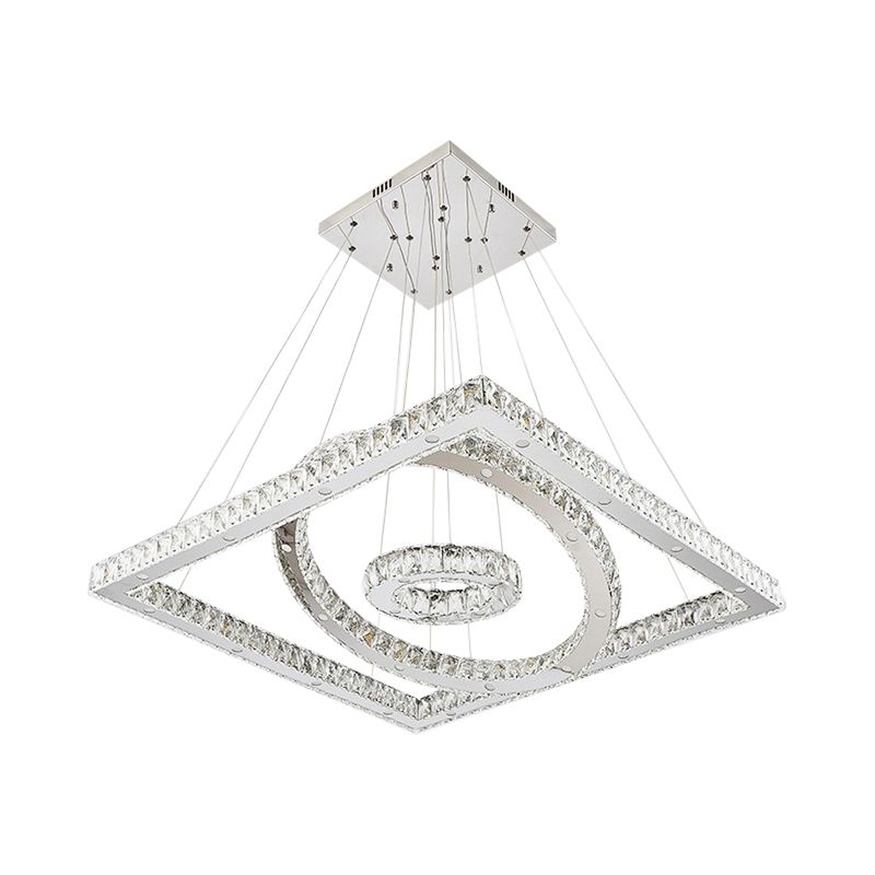 LED Living Room Ceiling Lamp Simple Stainless-Steel Chandelier with Round and Square Crystal Shade in Warm/White Light