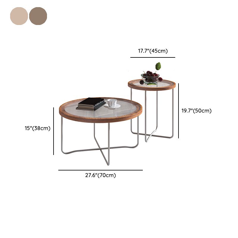Round Glass Top Coffee Table Set Frame Cocktail Table with Wood Accent