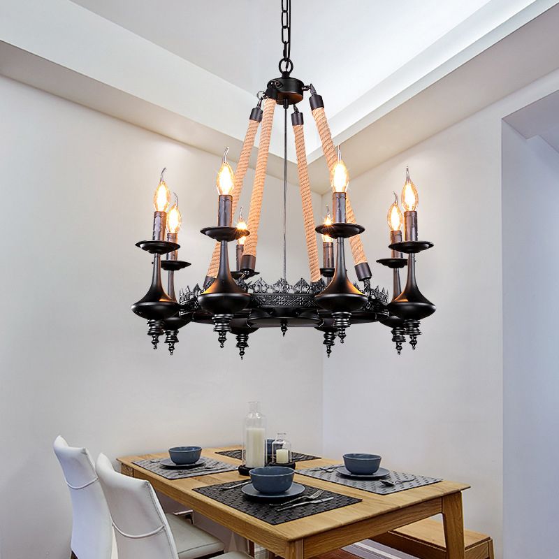 Iron Candle Chandelier Light Fixture Warehouse 6/8 Heads Dining Room Hanging Ceiling Light in Black with Rope Cord