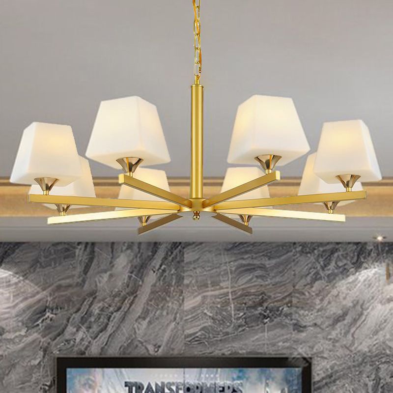 Frosted Glass Brass Pendant Lamp Tapered 8 Light Traditional Chandelier Light Fixture with Sunburst Design