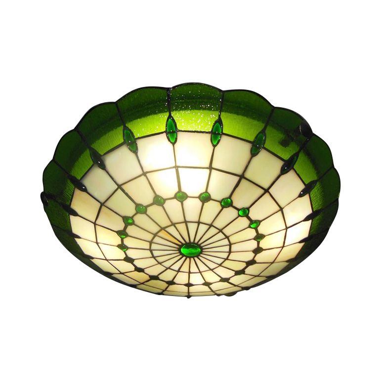 12"/16"/19.5" Wide Bedroom Ceiling Lights Tiffany Style Green/Yellow Dome Shade Flush Mount Light with Jewel Decoration