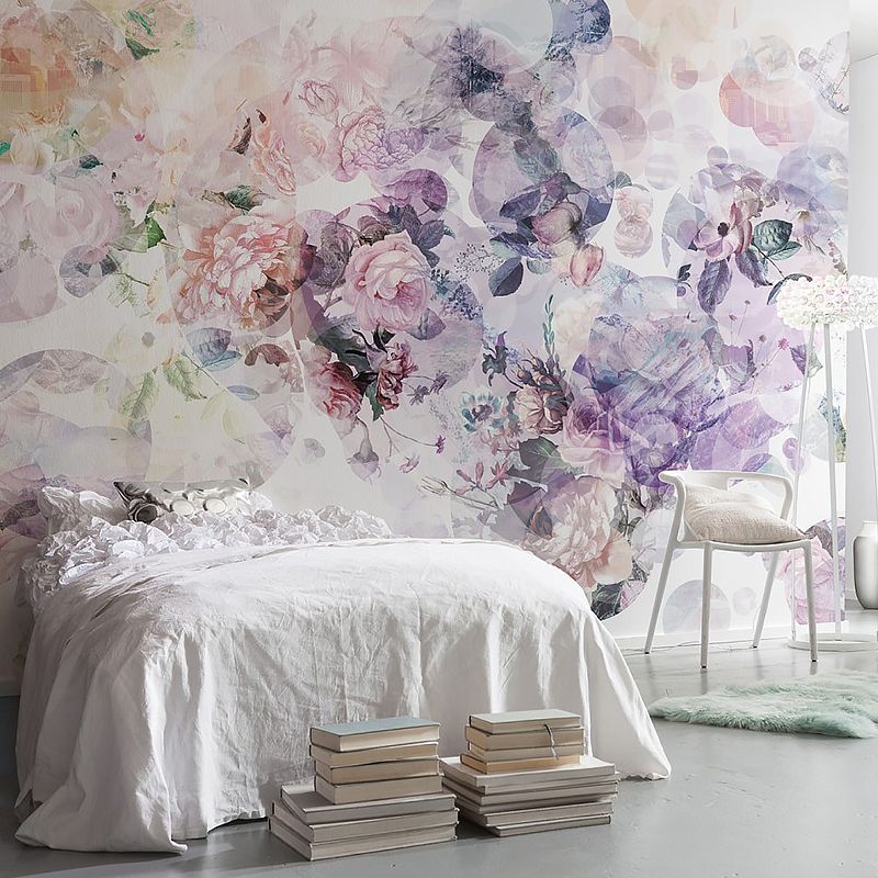 Enormous Rose and Bubble Mural in Purple and Pink Non-Woven Fabric Wall Art for Home Decor, Custom-Printed