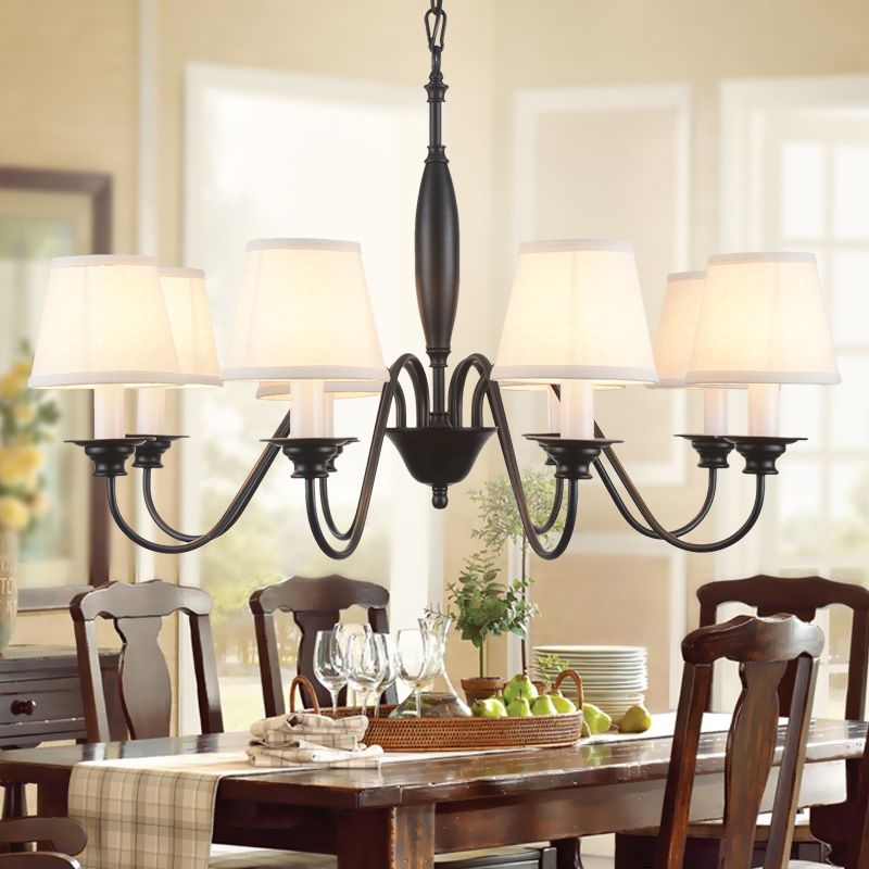 Black Candle Chandelier Rustic Fabric Restaurant Hanging Light with Tapered Fabric Shade