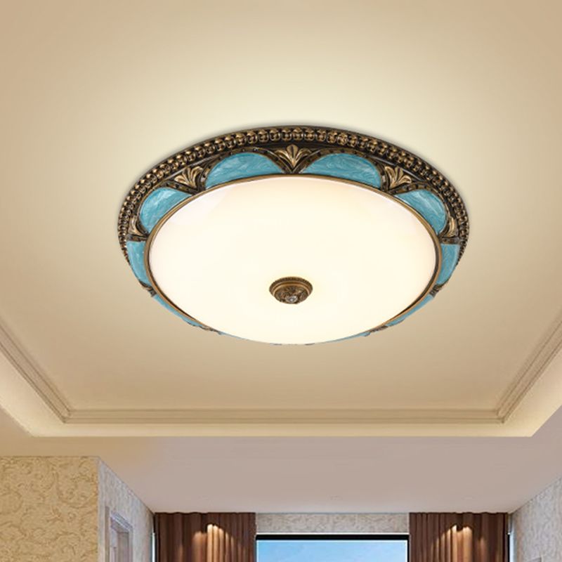 Lámpara de techo con diseño floral azul, accesorio de montaje empotrado LED de cristal crema de estilo antiguo para dormitorio, 13 "/ 16"/19,5 "de ancho