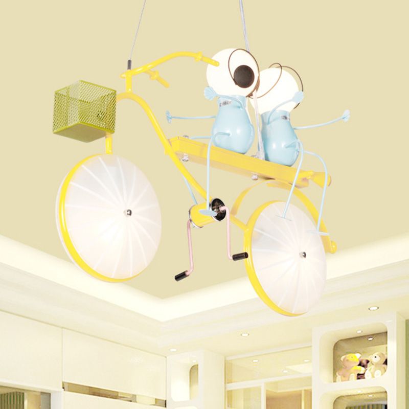 Metal Bicycle Chandelier Lamp Kids LED Yellow Hanging Pendant Light with Frosted Glass Shade