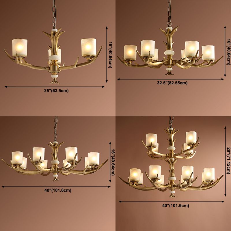 Multi-Head Chandelier Light Fixtures Rustic Antler Chandelier Pendant Lamp with White Glass Shade