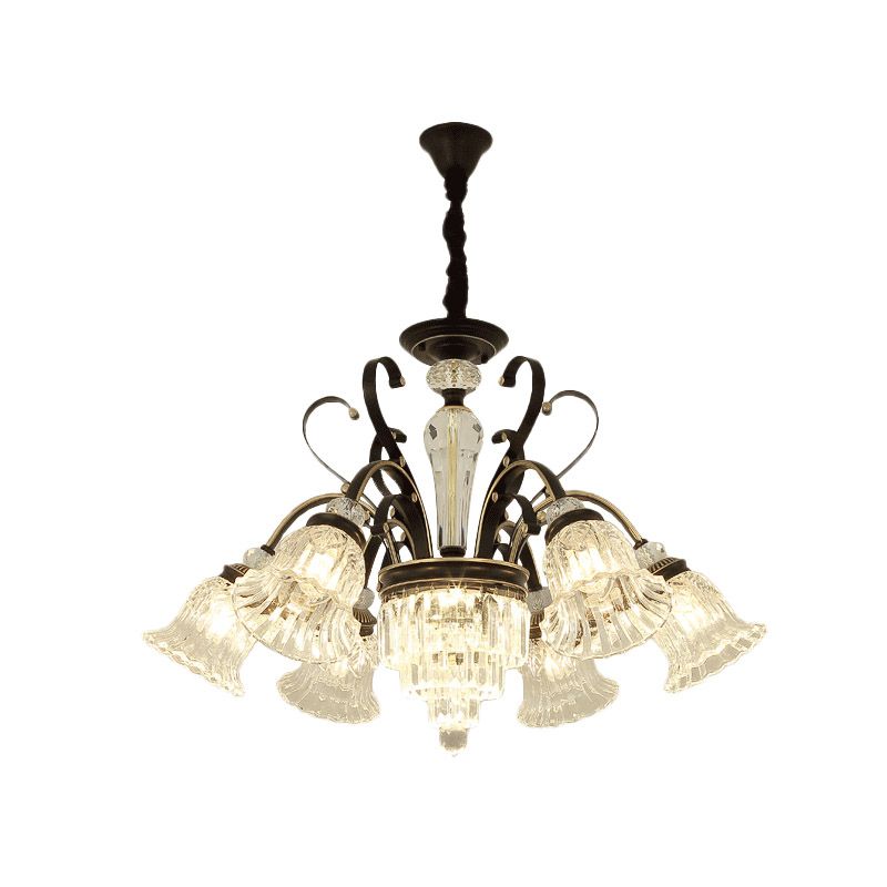 6/8 Heads Clear Glass Chandelier Countryside Black Bell Living Room Ceiling Suspension Lamp