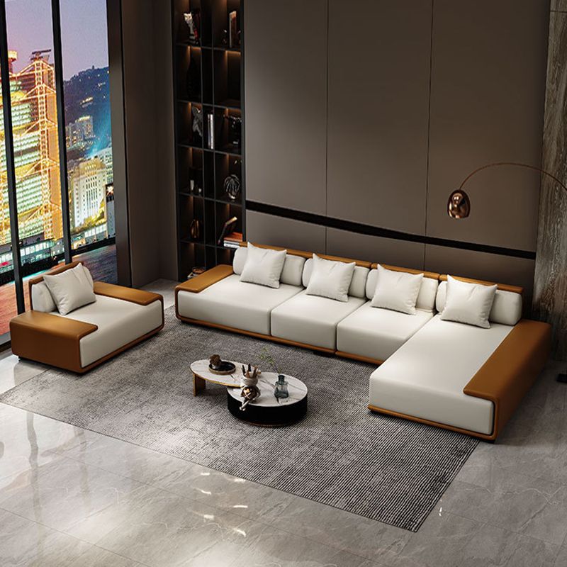 Assembled Genuine Leather Living Room Recessed Arm Modular Sofa & Chaise