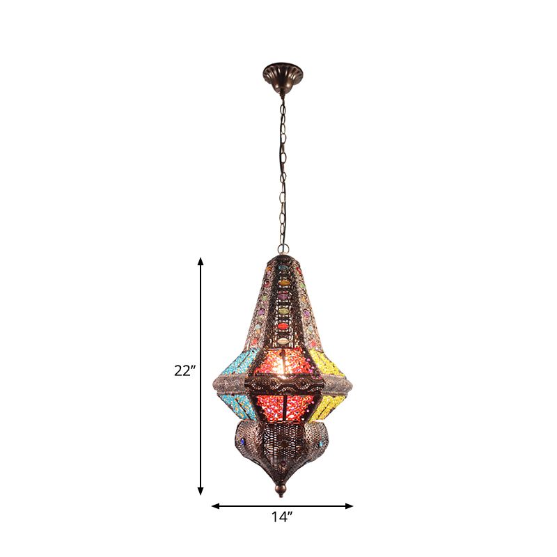 Crystal Beaded Stand Pendant Lighting with Lantern Shade Bohemia 1 Light Ceiling Light in Antique Copper