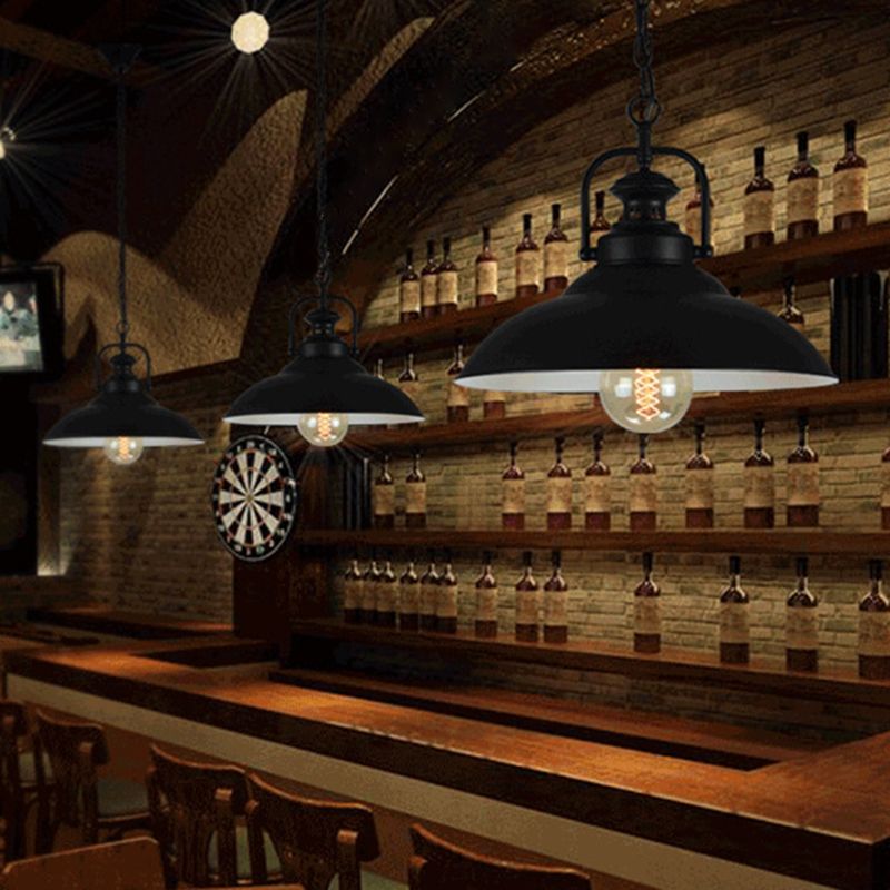 1 lampe suspendue à la tête recouvrement de pot vintage pendentif éclairage en métal avec poignée en noir extérieur et blanc intérieur