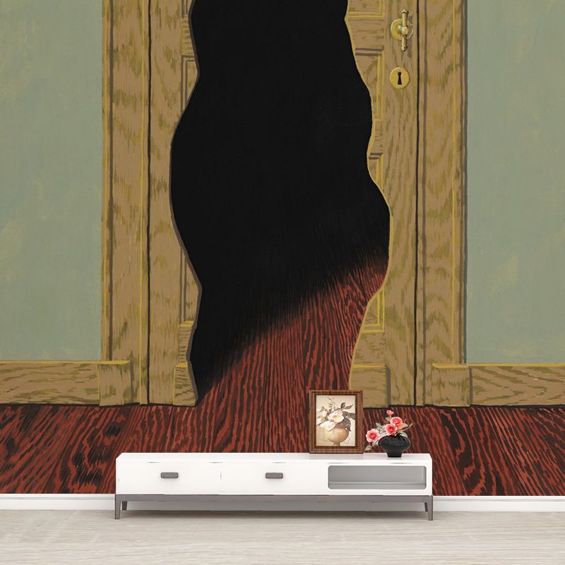 Surrealistic Door Hole Mural Wallpaper Red-Yellow-Green Stain Proof Wall Decor for Corridor