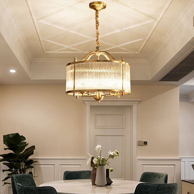 Copper Chandelier Light Fixtures American Style Multi-Head Drum Suspension Lamps for Living Room