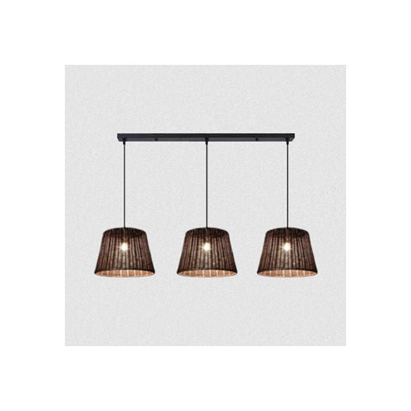 1/3-Head Restaurant Hanging Light with Cone Rattan Shade Country Stylish Brown Pendant Lamp