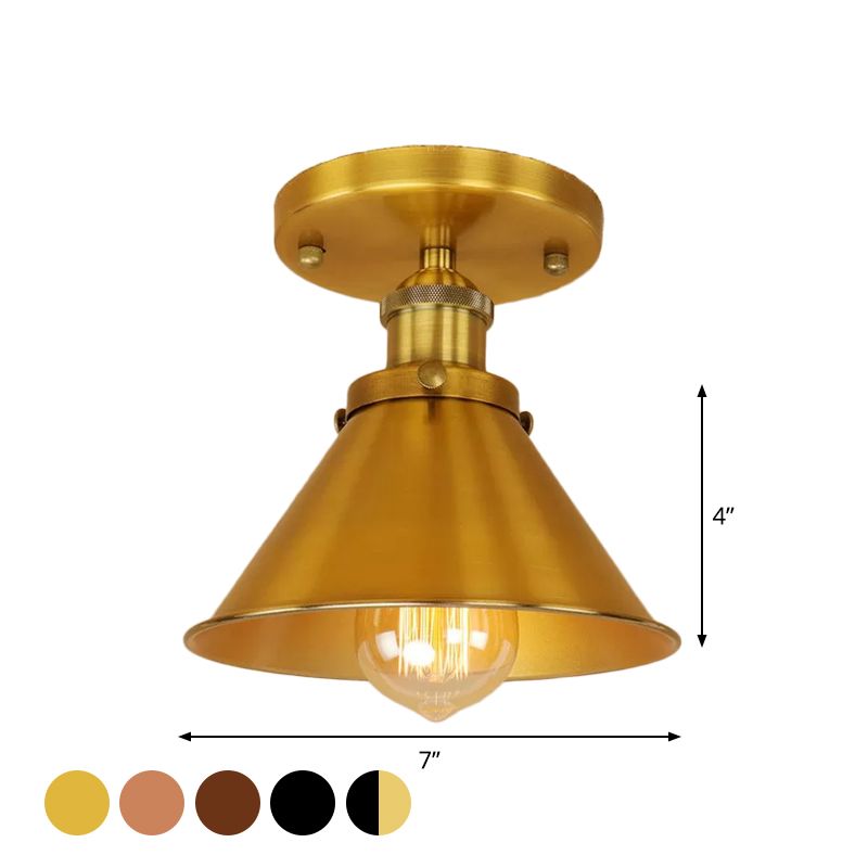 Mini plafonnier à abat-jour conique en fer industriel, 1 lumière, rouille/noir/cuivre, éclairage semi-monté