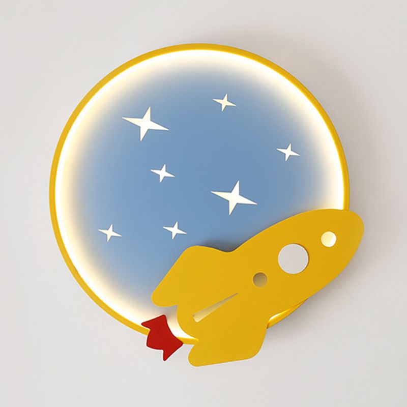 Lampe de plafond LED en métal de dessin animé de lumière affleurante de cercle jaune-bleu avec le décor de fusée