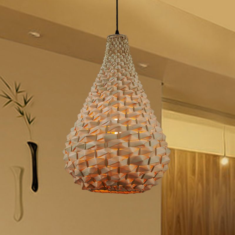 Gourd Pendant Lighting Japanese Bamboo 1 Head Beige Hanging Ceiling Light, 8.5"/14" Wide