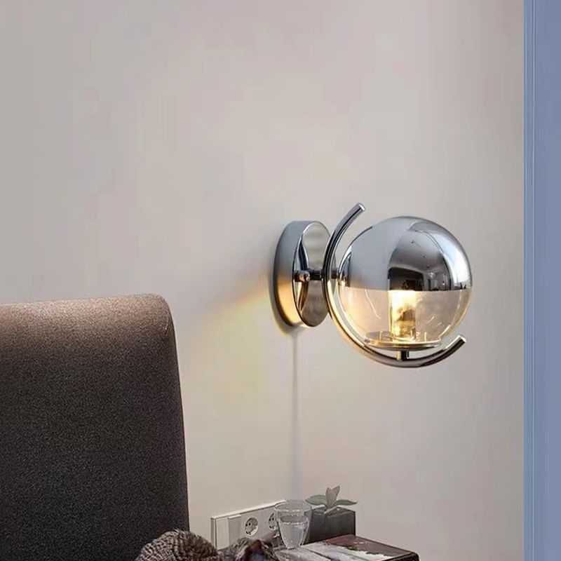 1-Light Modern Wall Lamp Silver Wall Mount Lamp with Glass Shade for Bedroom