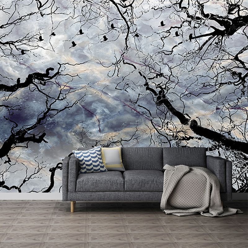 Sky and Withered Tree Murals Black-Blue Contemporary Wall Covering for Living Room