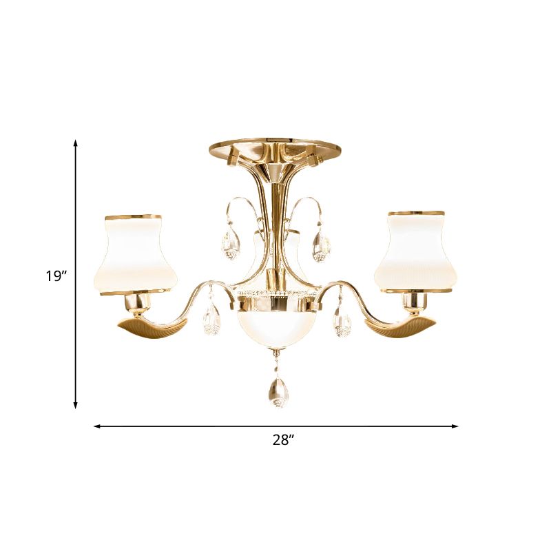 3/6 Bulbs Milk Glass Semi Mount Lighting Traditional Gold Pear Shaped Bedroom Close to Ceiling Light