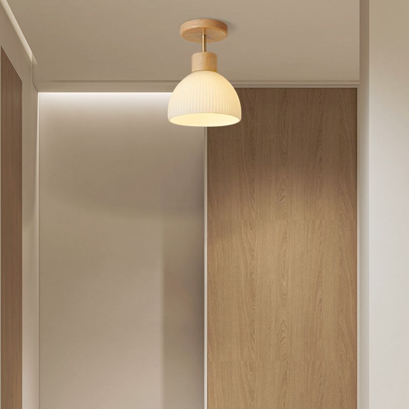 Contemporary Wood Ceiling Light White Shaded Flush Mount Lighting for Home