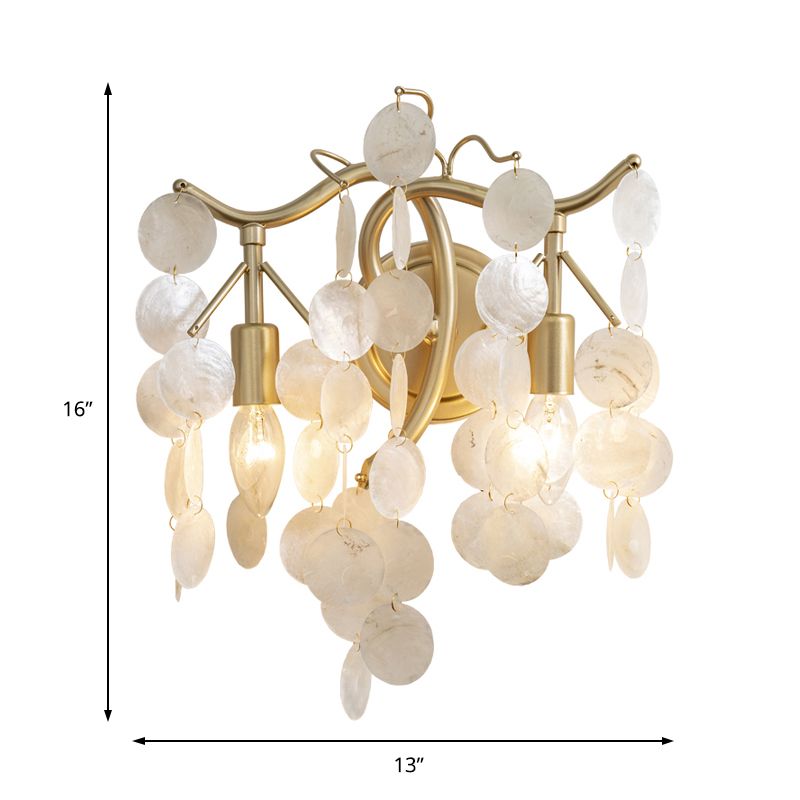 2 Lights Exposed Bulb Wall Sconce Light Contemporary Shell Wall Lighting in Gold for Living Room