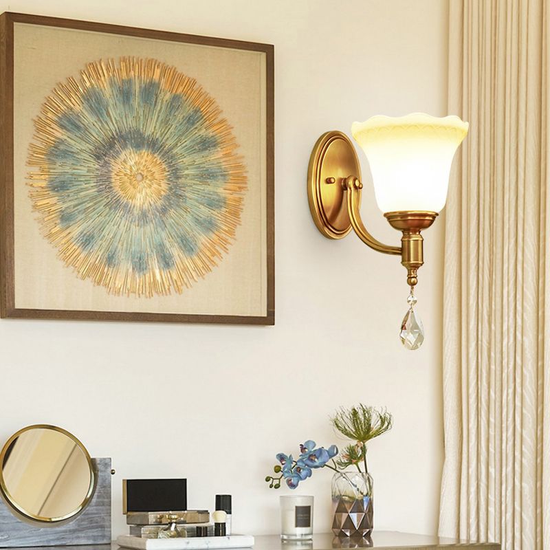 Bell Shade Bedroom Wall Mount Lamp Vintage Stylish Frosted Glass 1/2-Light Brass Finish Wall Sconce