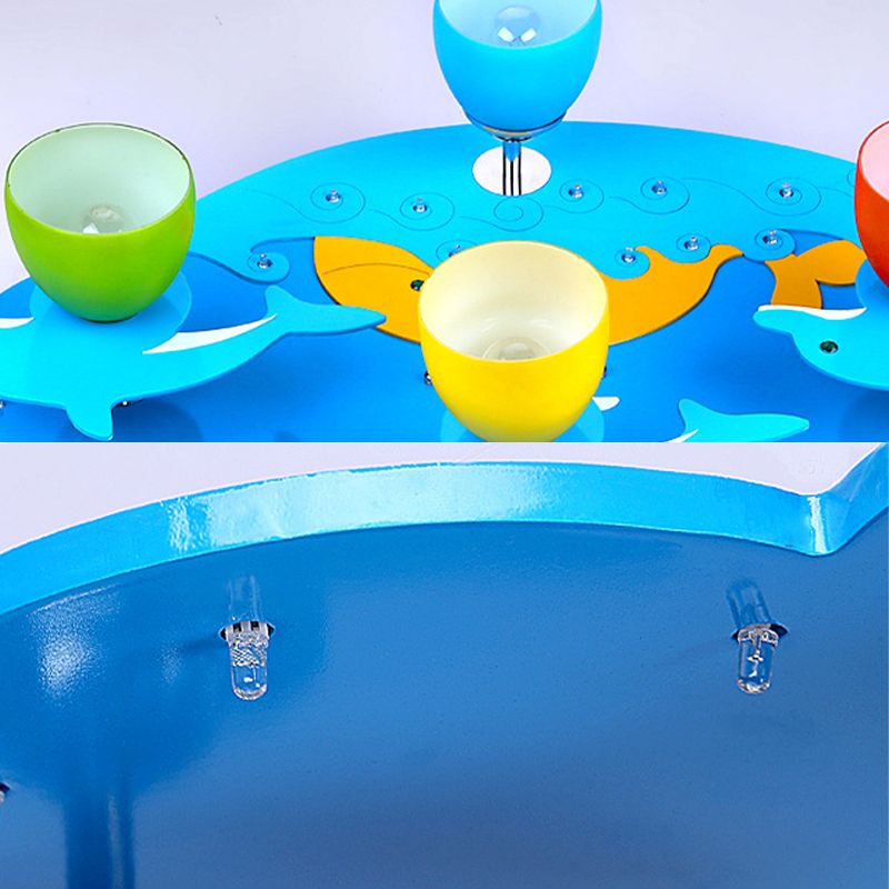 Lámpara de techo de madera con 4 luces para parque de atracciones con luz empotrada de delfín náutico en azul