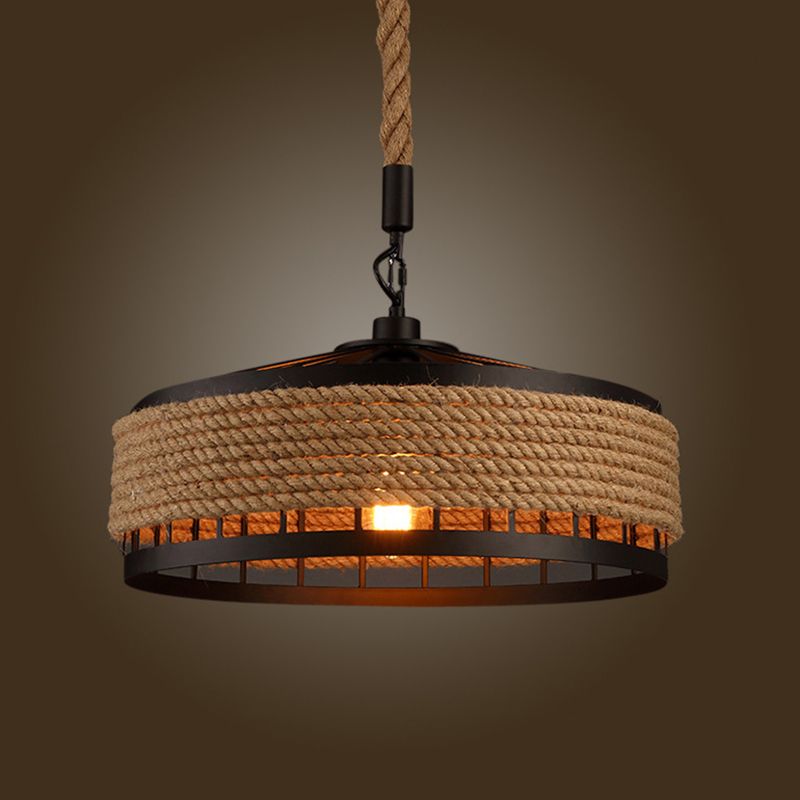 Hemp Rope Yurt Hanging Light Rustic 1 Bulb Restaurant Pendant Light Fixture in Black