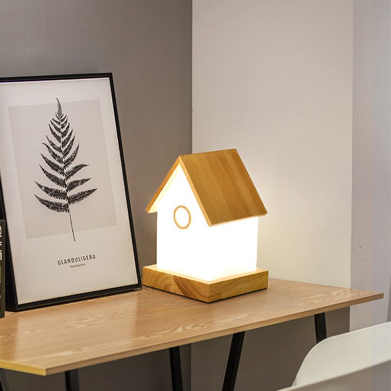 Lampe de nuit en forme de maison en bois lumière contemporain lampe de table de nuit beige à LED contemporain pour le chevet