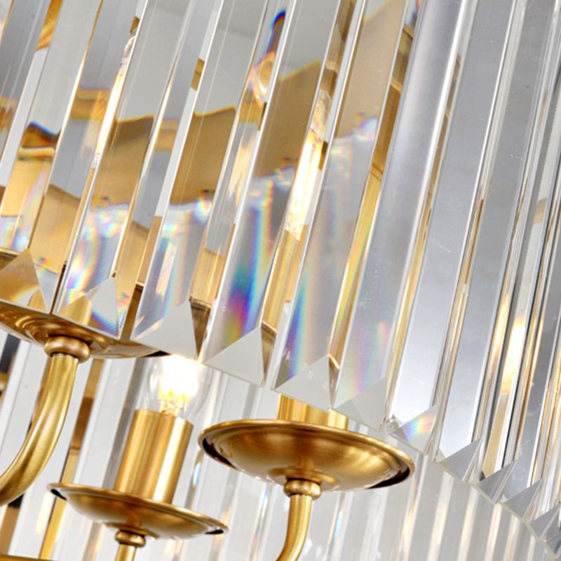 Zeitgenössischer Schlagzeuganhänger Kronleuchter facettiert Kristall 3 Lampenlampen Deckenleuchte im Messing