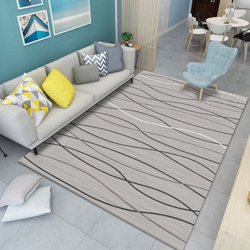 Grey Modern Carpet Polyester Abstract Striped Carpet Washable Carpet for Living Room