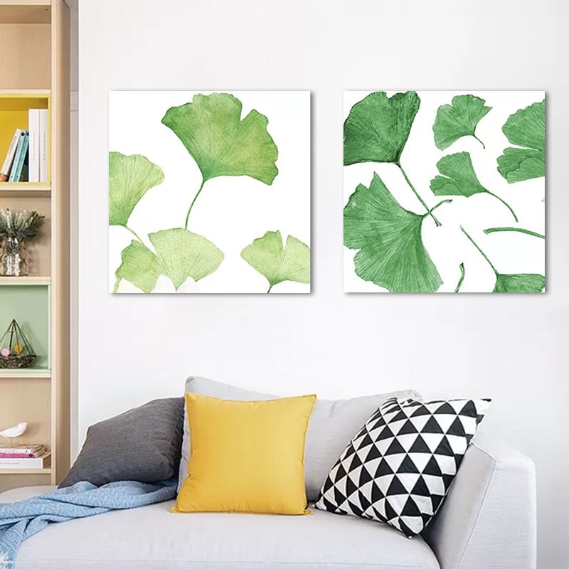 Ginkgo Leaf Painting Wall Art Green Canvas Wall Decoration for Home, Set of 2