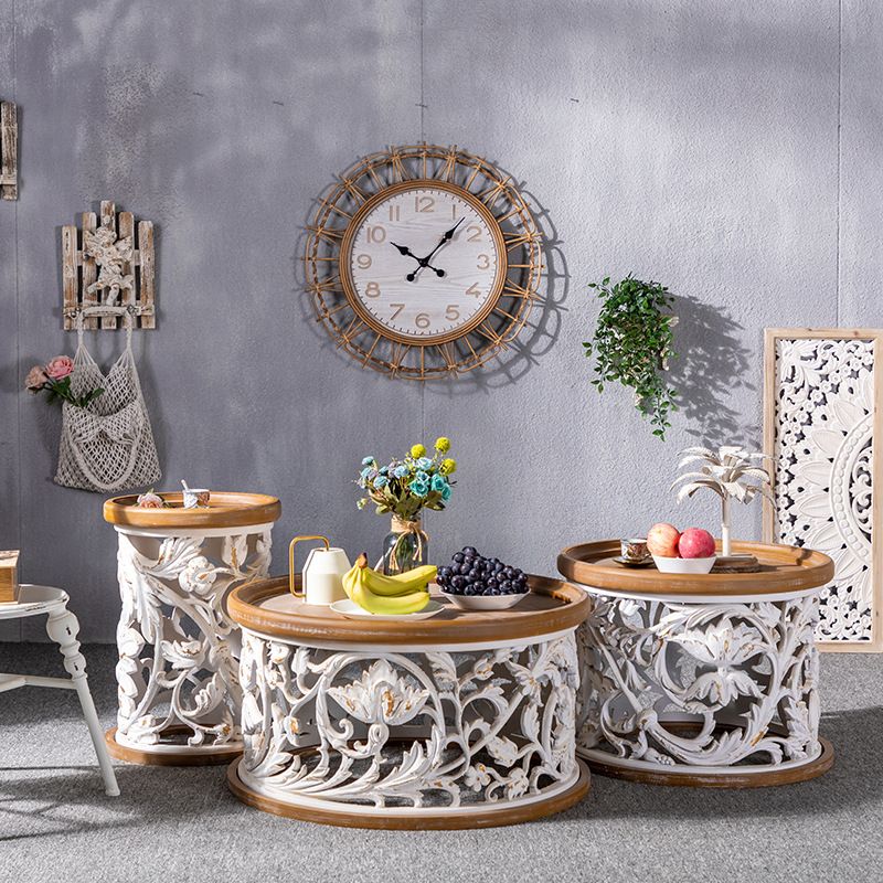 Iron Drum End Table Round Wood Tray Top Side End Table - Distressed Surface Treatment