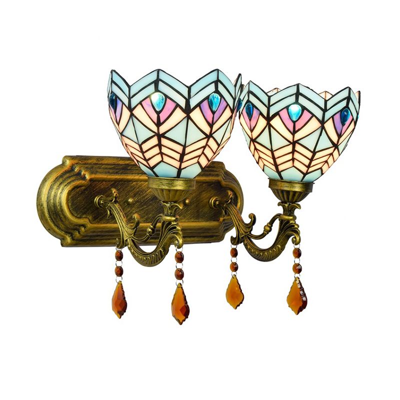 Ridged Bell Stained Glass Wall Lighting Mediterranean 2-Light Brass Vanity Light Fixture