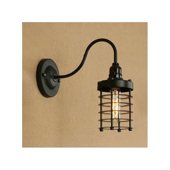 Eisenzylinder Käfig Schatten Wandmontage Vintage Industrial 1 Kopfschlafzimmer Wandleuchte mit gebogenem Arm in Schwarz