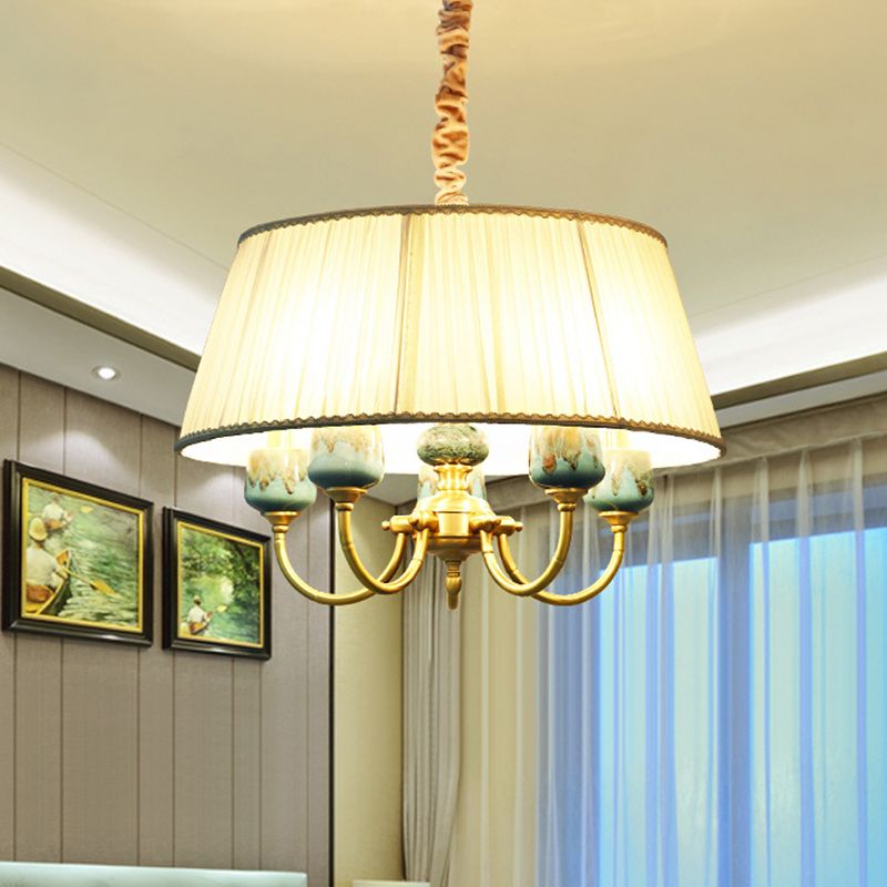 Lampada in tessuto per ombra tamburo Stile rurale a 5 luci sala da pranzo lampadario luce a sospensione in bianco