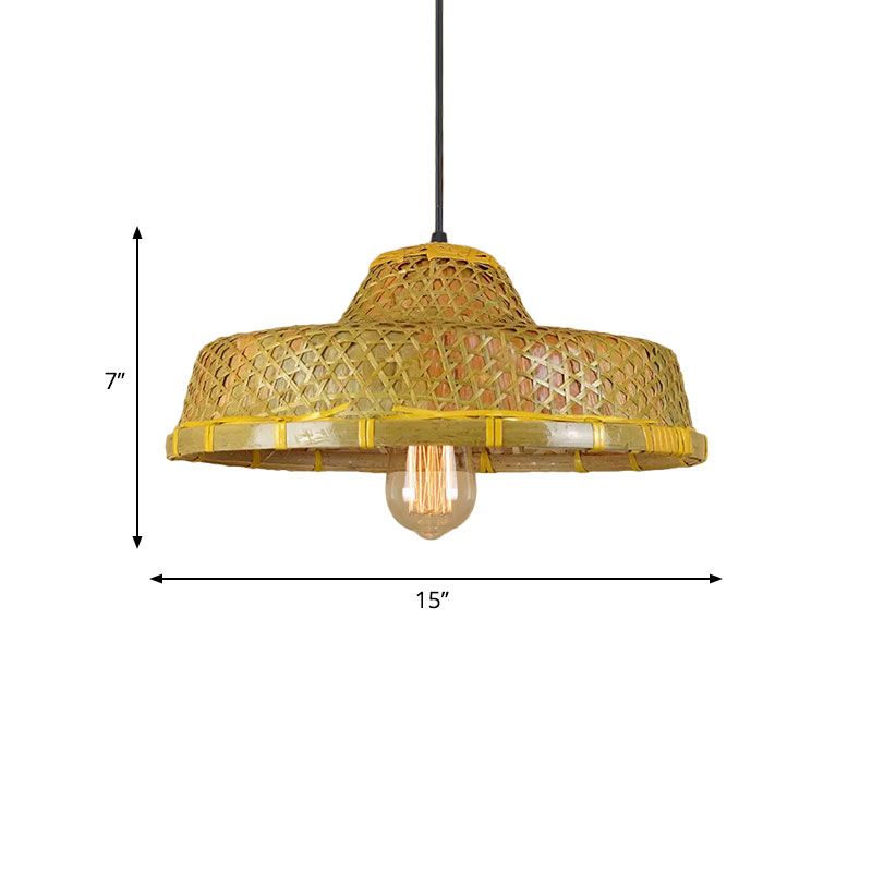 Luz de bambú de luz colgante en forma de sombrero rústico 1 Lámpara colgante de luz sobre mesa de comedor