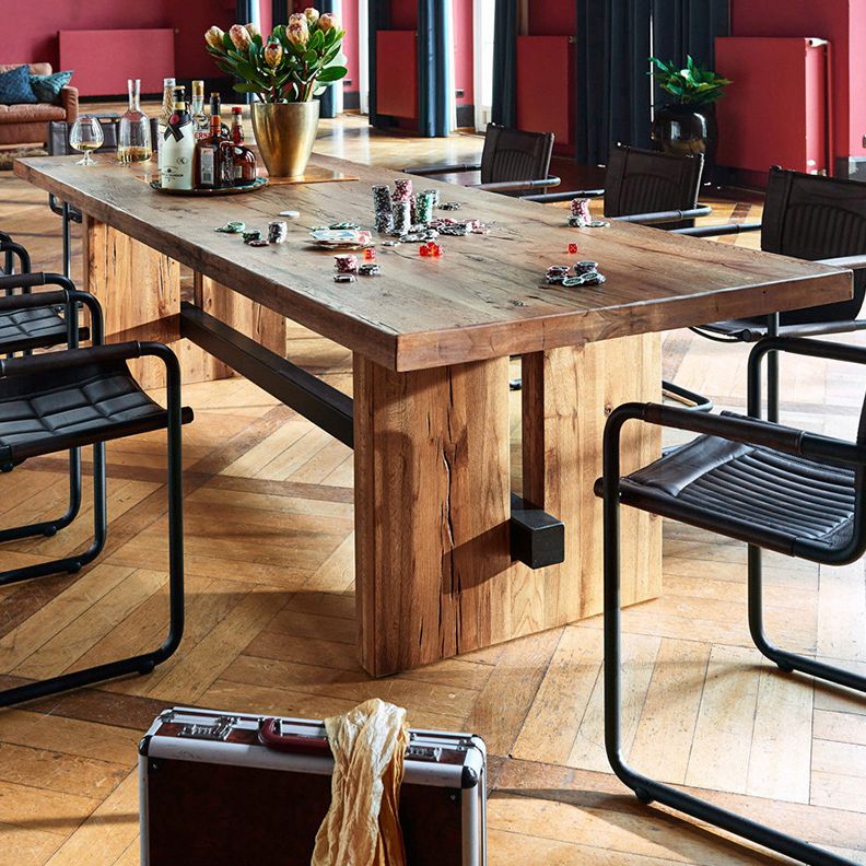 Minimalist Rectangle Shape Brown Dining Table Solid Wood Kitchen Dining Table with Trestle Base